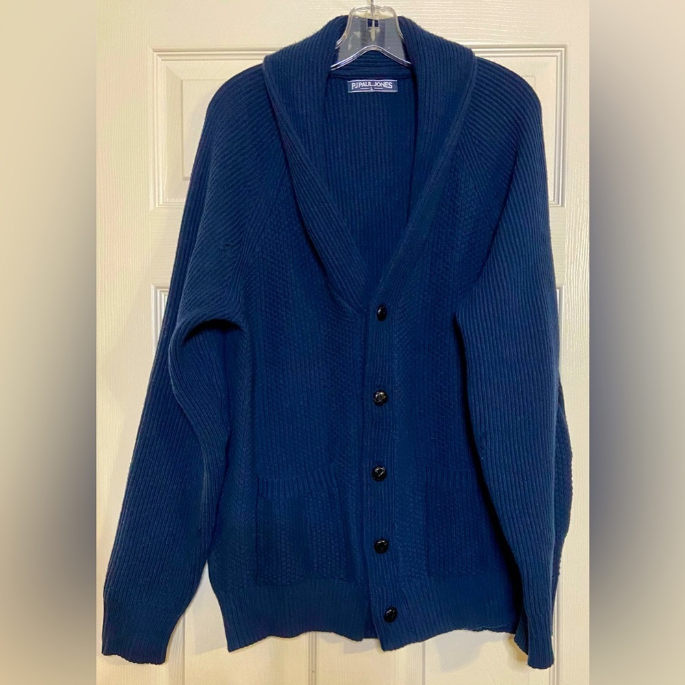 Paul Jones Button Up Sweater Size Large Navy Roll Style Collar 5 Button